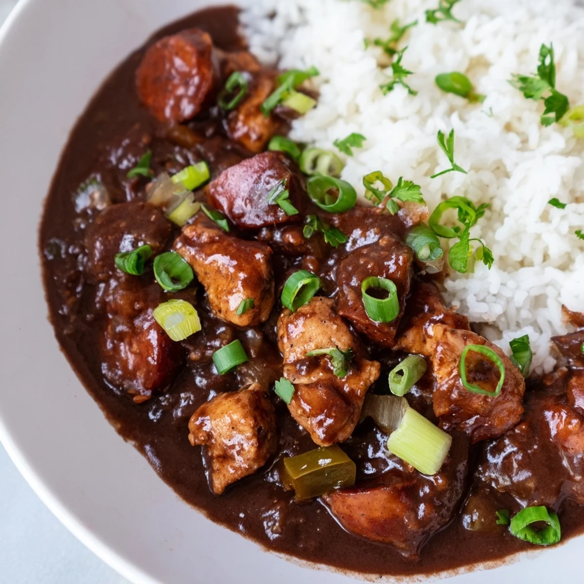 A hearty ladle of Cajun Chicken and Sausage Gumbo with chicken, sausage, and veggies in rich roux.