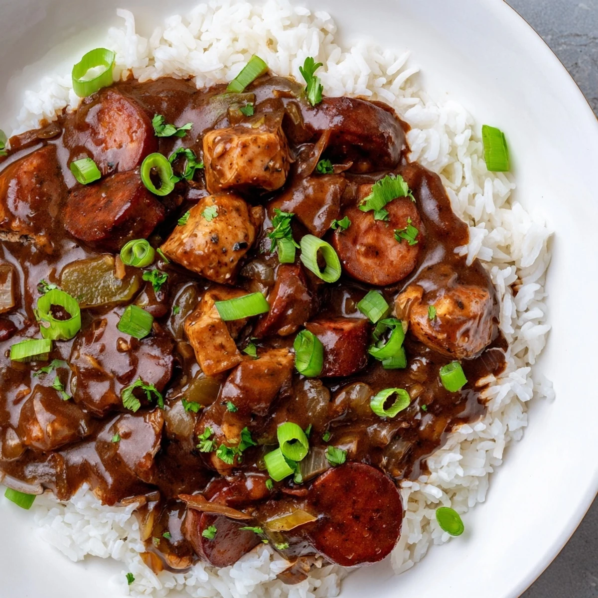 Close-up of Cajun Chicken and Sausage Gumbo next to fluffy rice and a slice of andouille sausage.