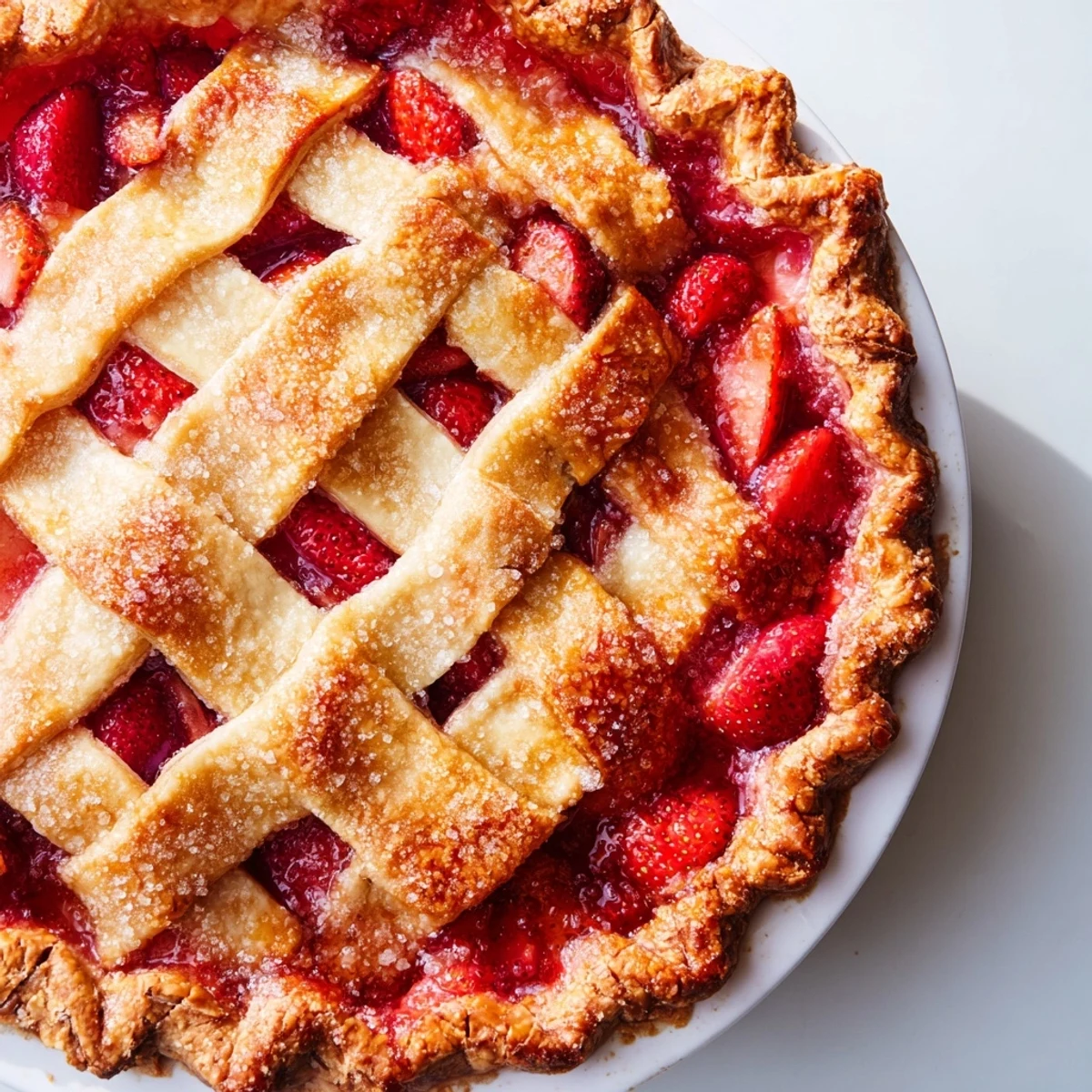 This recipe photo shows a slice of warm Strawberry Rhubarb Pie with Lattice Crust served with melting vanilla ice cream.