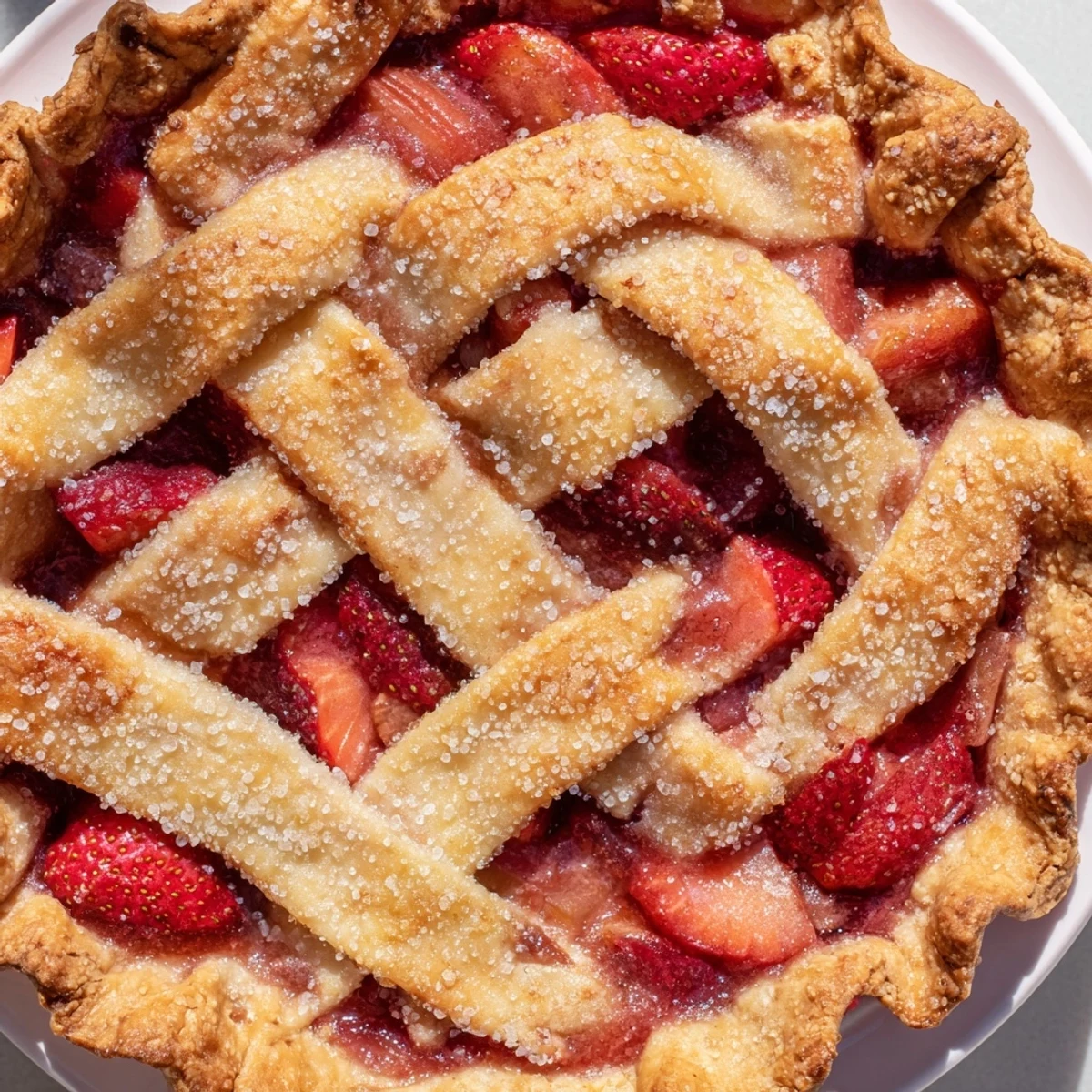 A close-up of a freshly baked Strawberry Rhubarb Pie with Lattice Crust, its golden-brown weaving glistening with coarse sugar.