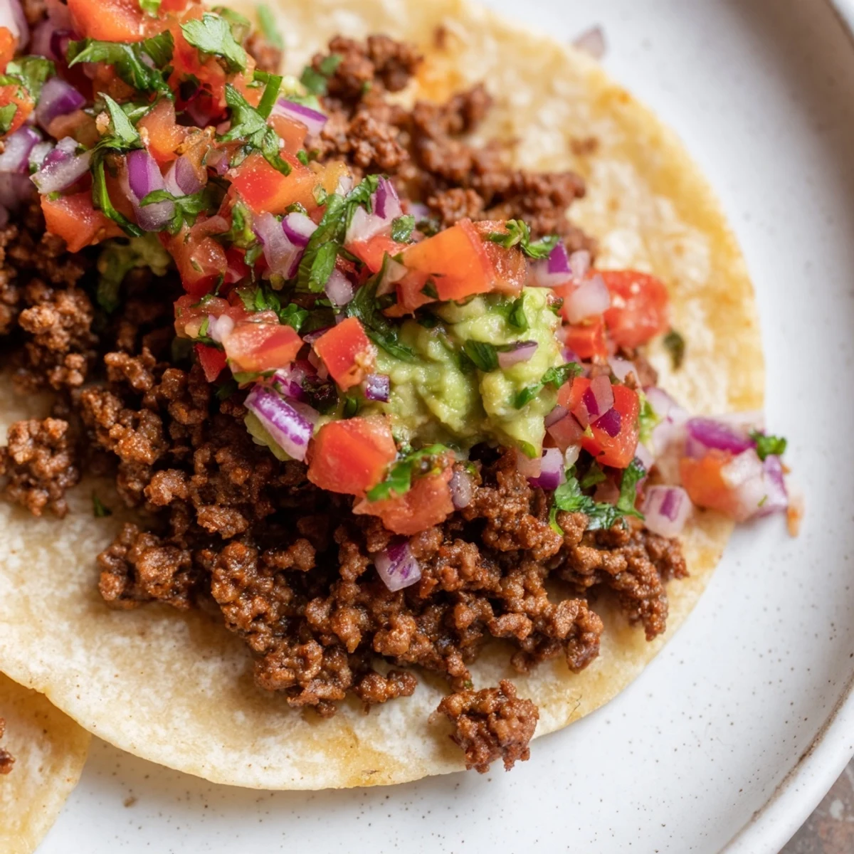 Warm corn tortillas filled with juicy seasoned beef, topped with vibrant homemade salsa and creamy guacamole.