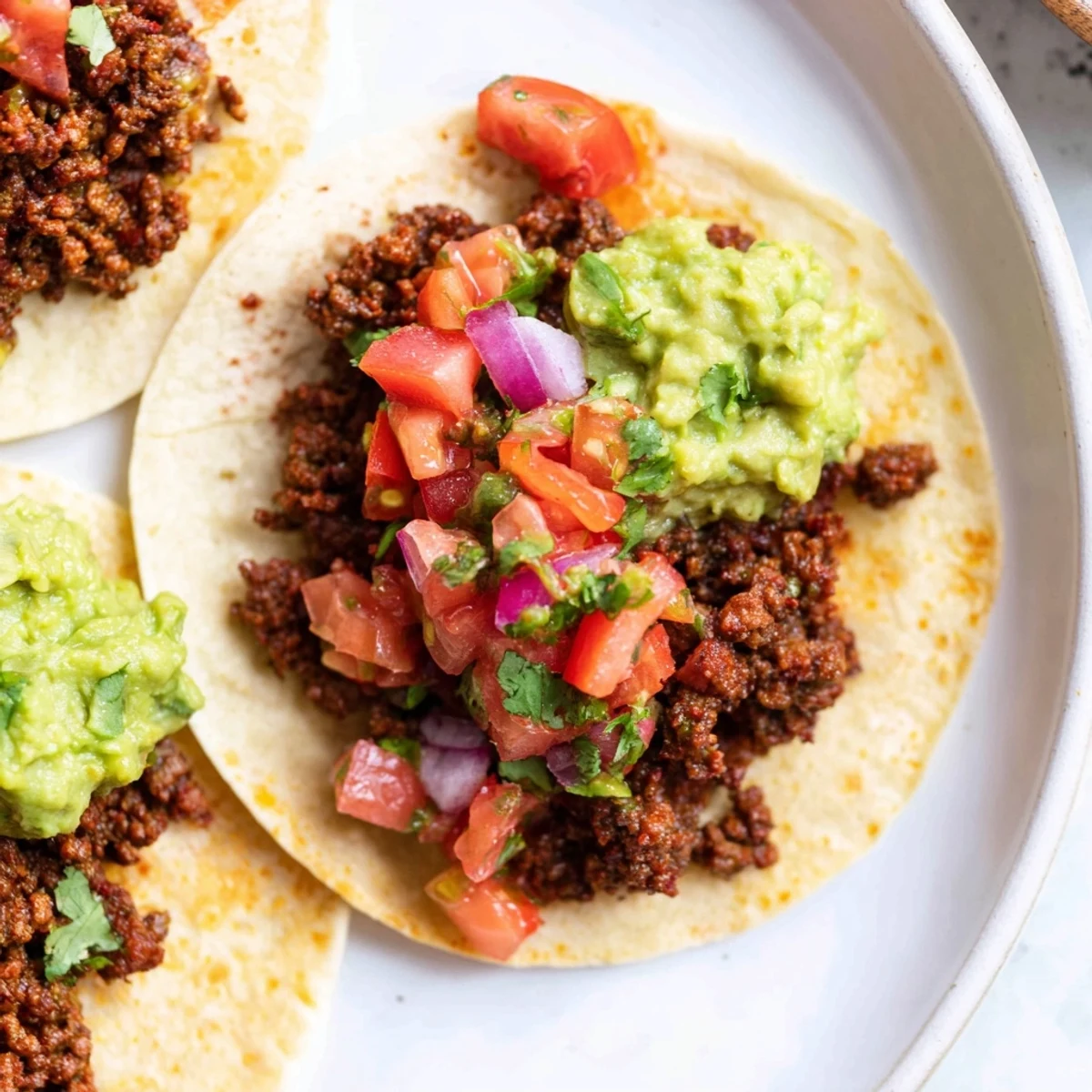 Close-up of freshly assembled Beef Tacos with Homemade Salsa and Guacamole, perfect for a festive meal.
