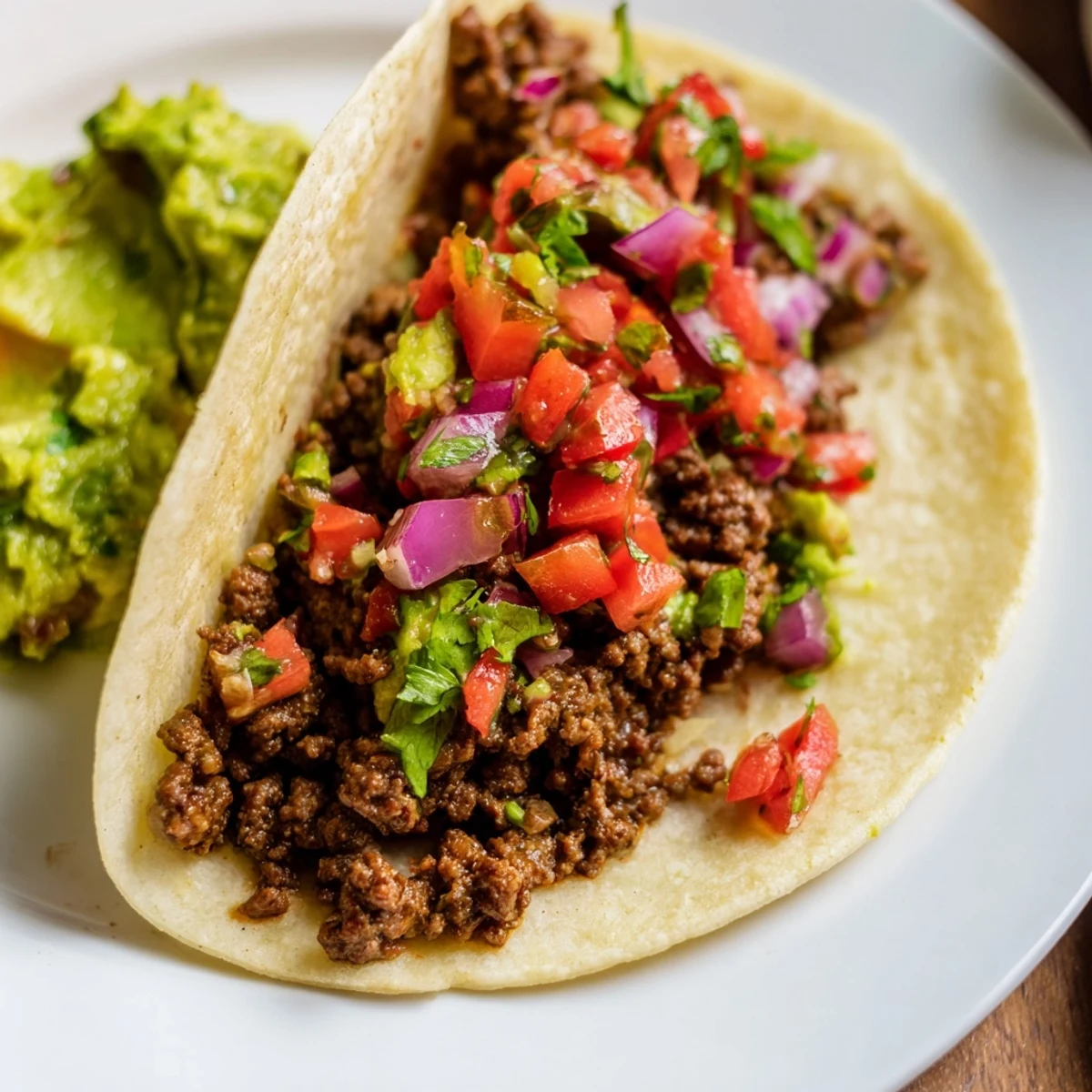A delicious plate of Beef Tacos with Homemade Salsa and Guacamole, garnished with lime for a bright finish.