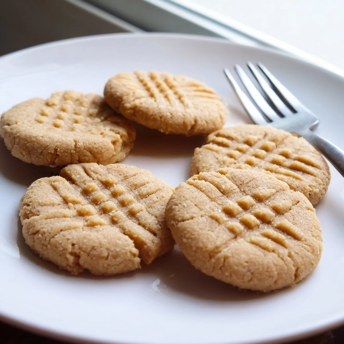 A close-up of Keto Butter Cookies showing a crisscross fork pattern on pale golden edges, melting butter and almond flour texture, served on a rustic wooden board for a cozy keto dessert. 