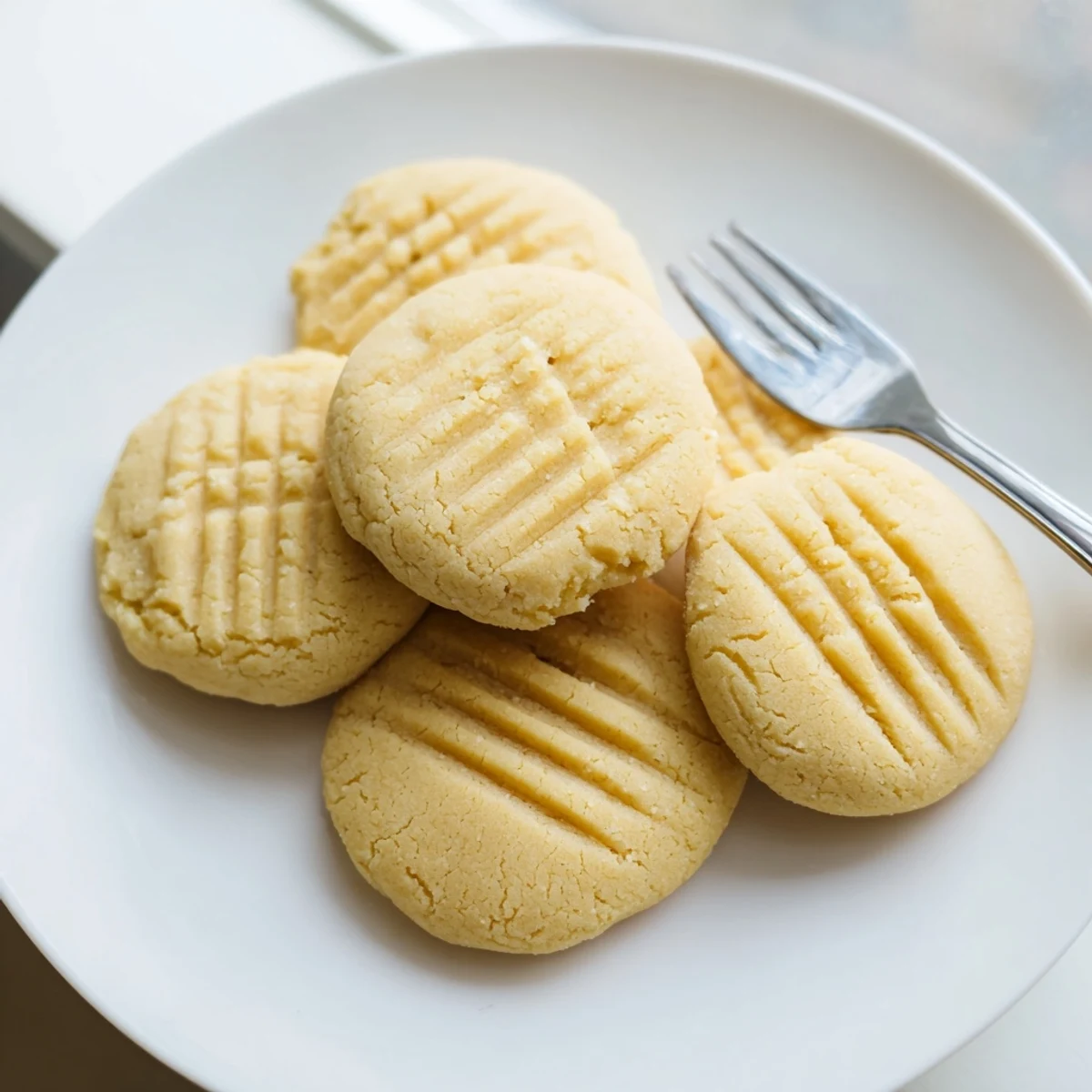 Golden Keto Butter Cookies arranged neatly on a parchment-lined tray, with a soft melt-in-your-mouth appearance, hinting at a rich buttery aroma from fresh vanilla and almond flour. 