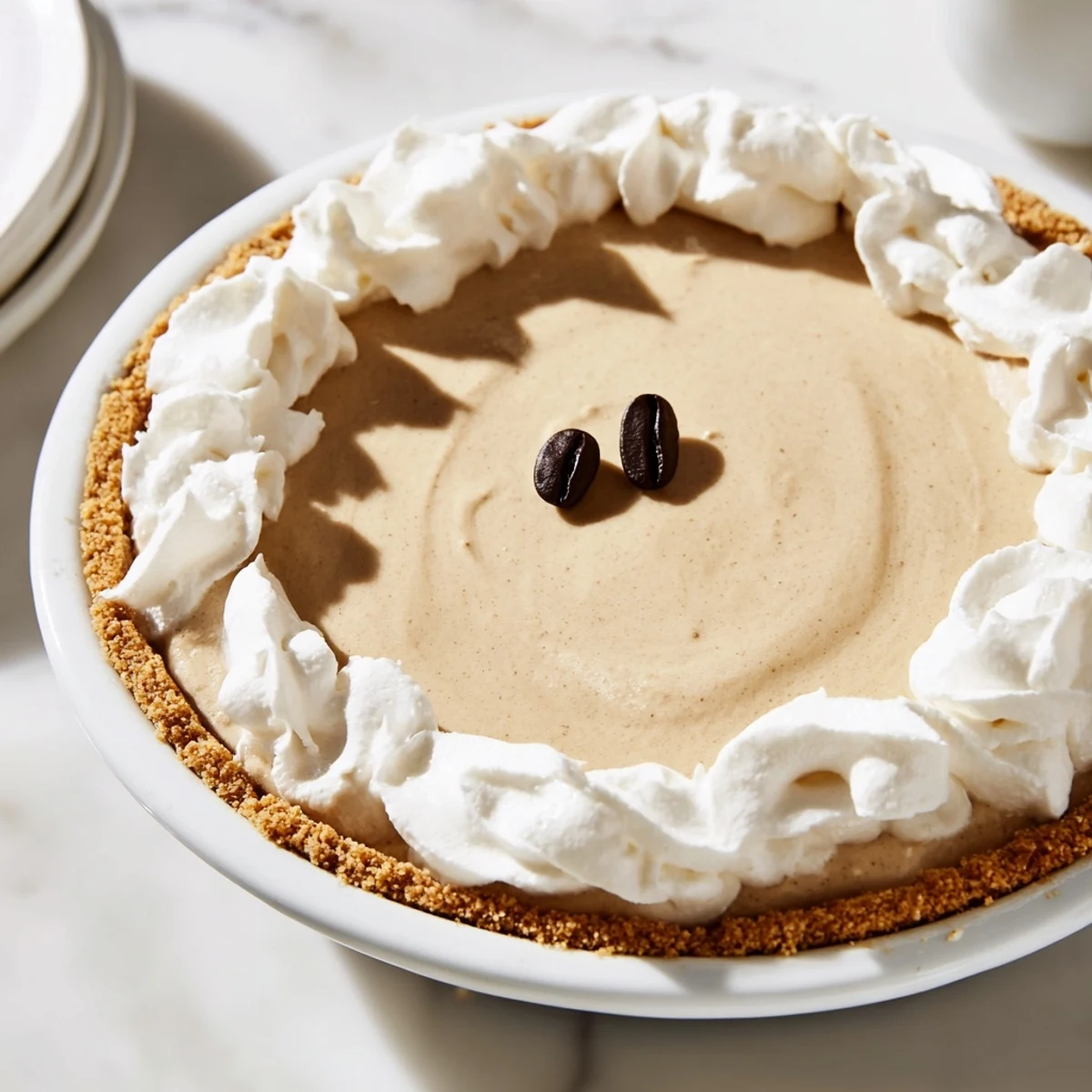 A slice of Keto Cold Brew Coffee Pie with a creamy, bold filling and whipped topping on an almond flour crust.
