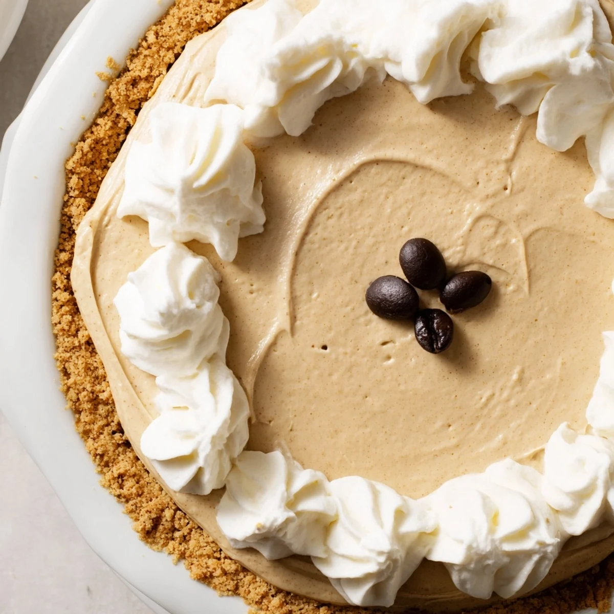 Chilled Keto Cold Brew Coffee Pie garnished with coffee beans, served on a white plate for a keto-friendly dessert.