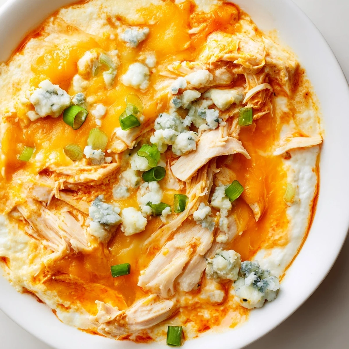 Keto Buffalo Chicken Dip in a white serving dish, featuring shredded chicken and buffalo sauce, ready to be scooped onto low-carb cucumber slices.
