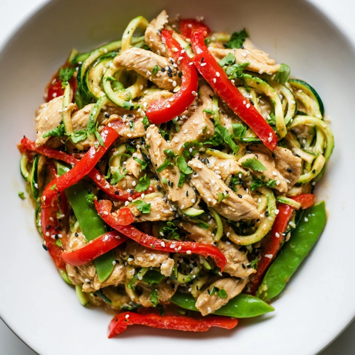 Enjoy Garlic Chicken Zucchini Noodles Stir Fry served warm with zucchini noodles and colorful peppers for a quick dinner.