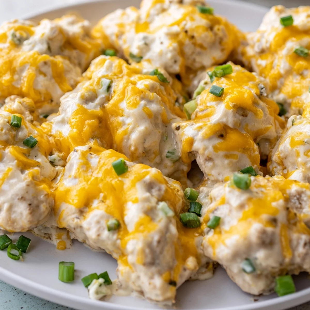 Golden-baked chicken breasts coated in creamy sour cream and onion sauce, topped with melted cheddar and fresh green onions.