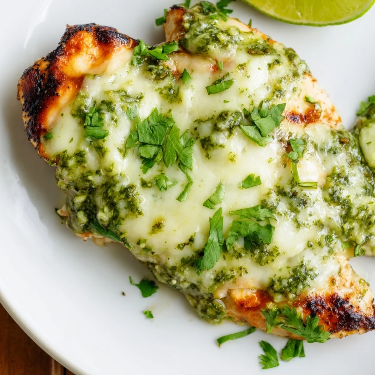 Grilled Salsa Verde Pepper Jack Chicken with melted cheese and fresh cilantro garnish, served with lime wedges.