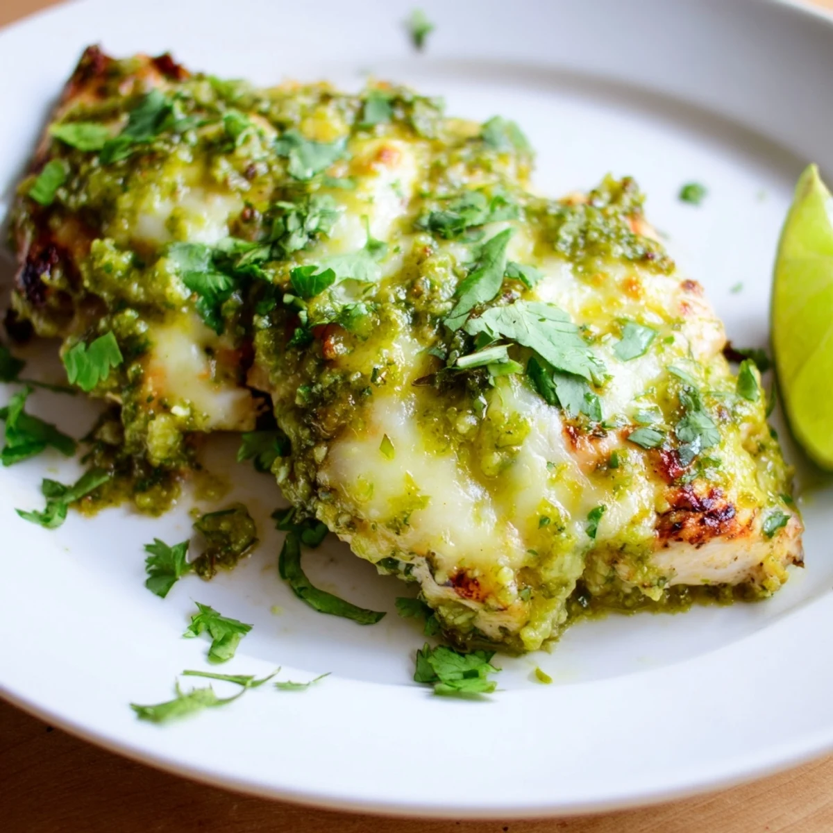 Juicy Grilled Salsa Verde Pepper Jack Chicken breasts topped with zesty salsa verde and creamy avocado slices on a plate.