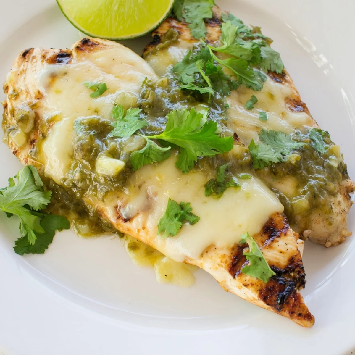 A close-up of Grilled Salsa Verde Pepper Jack Chicken with melted pepper jack cheese, smoked paprika crust, and diced tomatoes.