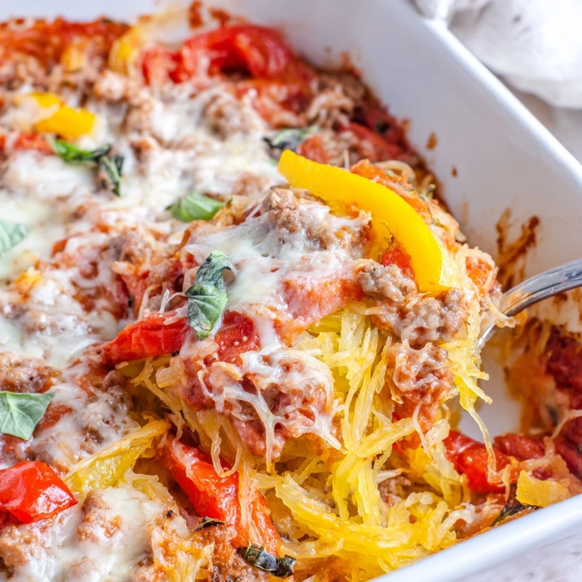 Golden-brown Sausage and Peppers Spaghetti Squash Casserole fresh from the oven with bubbly mozzarella cheese.