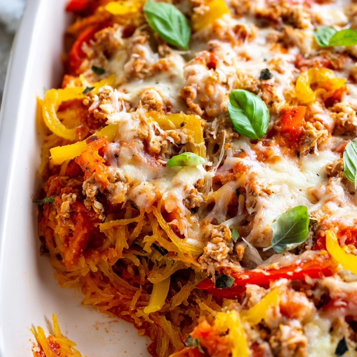 Serving Sausage and Peppers Spaghetti Squash Casserole on a white plate with a side salad.