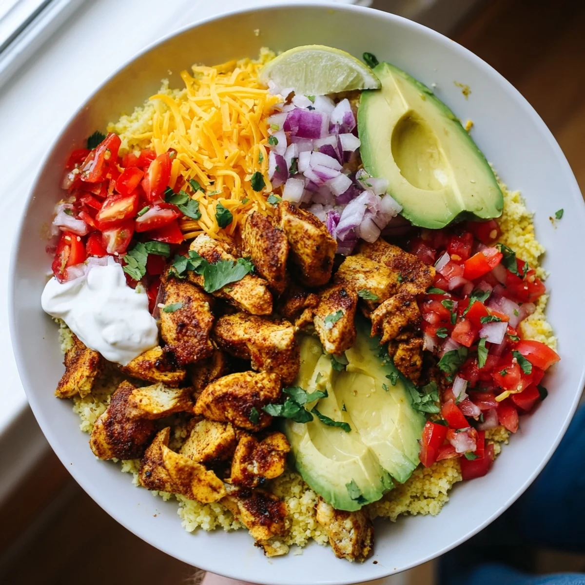 A vibrant Low Carb Burrito Bowl showcases seasoned chicken, cauliflower rice, and fresh avocado slices.