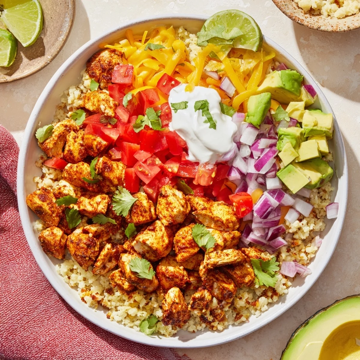 A hearty Low Carb Burrito Bowl topped with creamy sour cream, cilantro, and lime wedges.