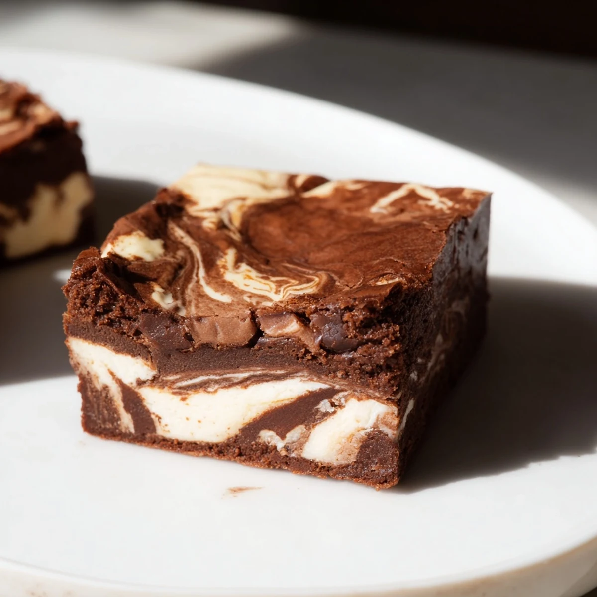 Decadent Cottage Cheese Brownies with marbled texture, perfect for a sweet dessert snack or party treat.
