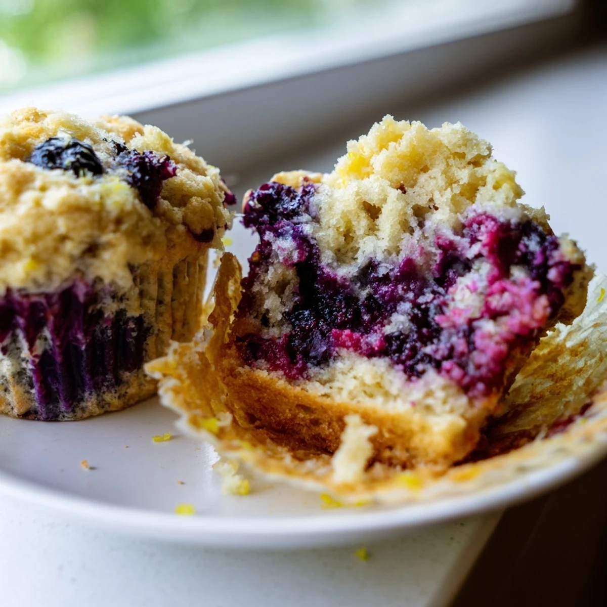 Freshly baked Sourdough Blueberry Muffins cooling on a wire rack with lemon zest and blueberry streaks.  