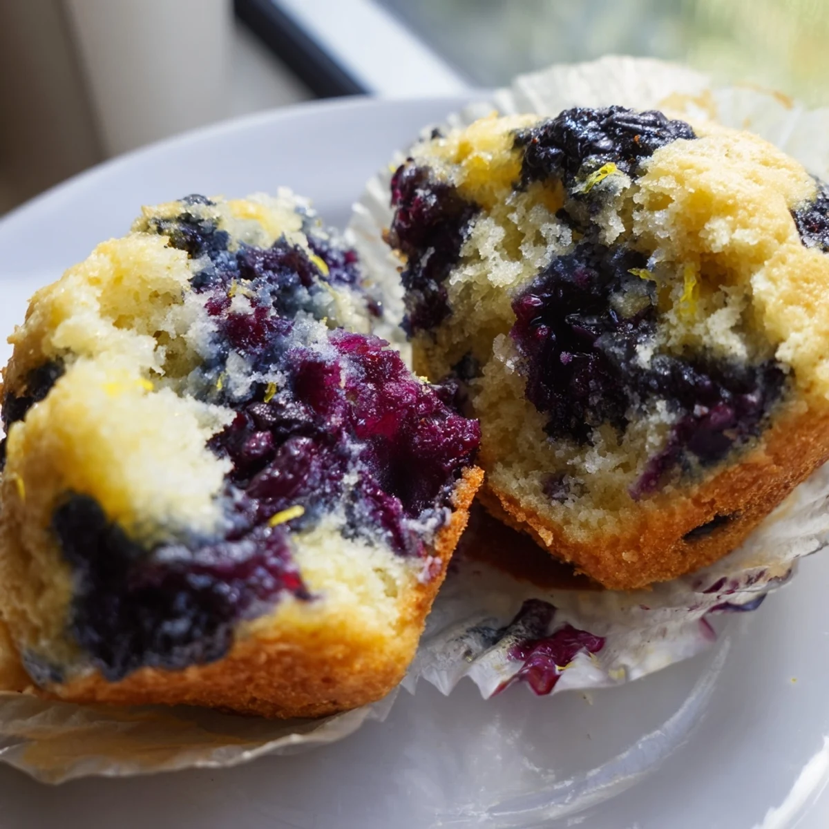 Sourdough Blueberry Muffins stacked on a white plate beside a jar of butter and a cup of coffee.