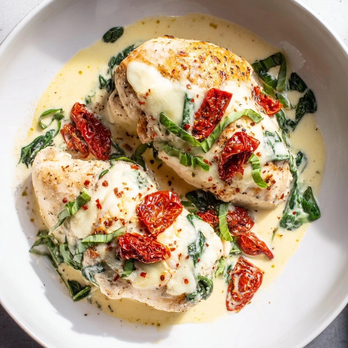 Golden-brown low carb chicken casserole with bubbling mozzarella and sun-dried tomatoes.