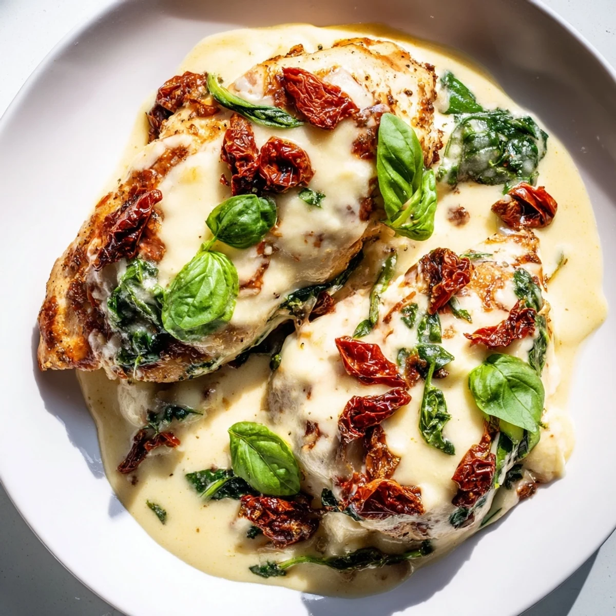 Low carb chicken casserole served hot from the oven with fresh basil garnish.