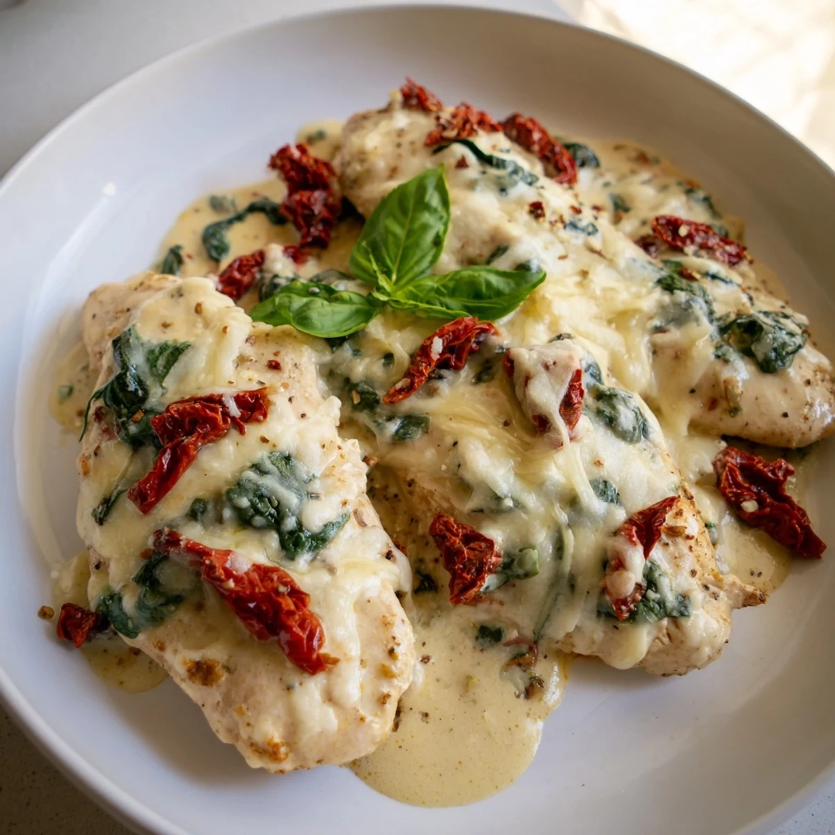 Savory low carb chicken casserole featuring creamy sauce, spinach, and tender baked chicken breasts.