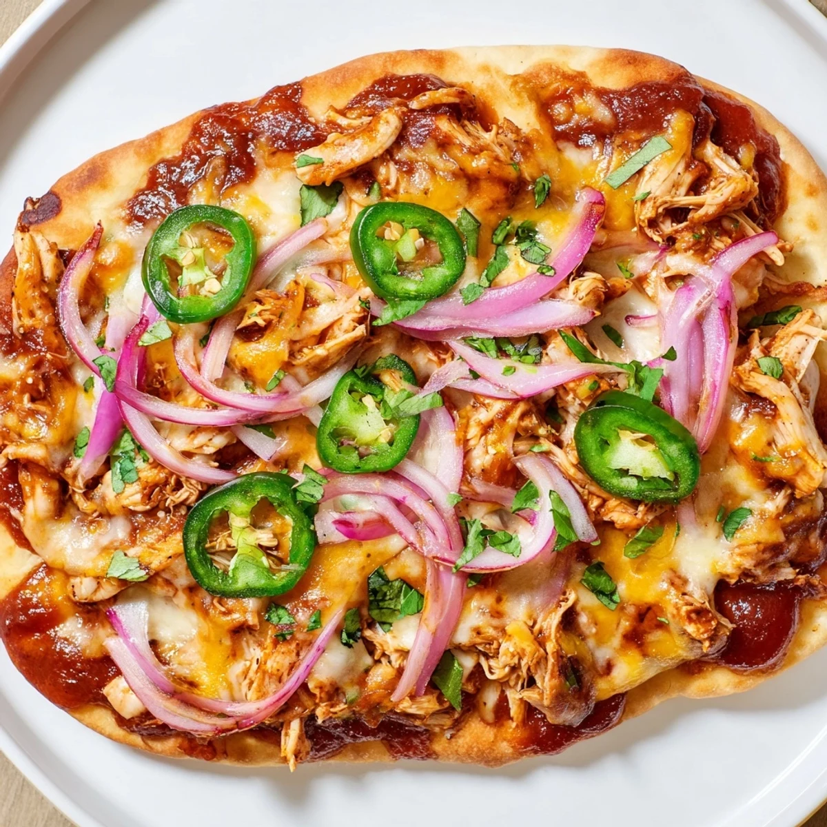 Freshly baked BBQ Chicken Flatbread sliced into serving portions, showcasing juicy shredded chicken and vibrant vegetables on a golden, crispy crust.
