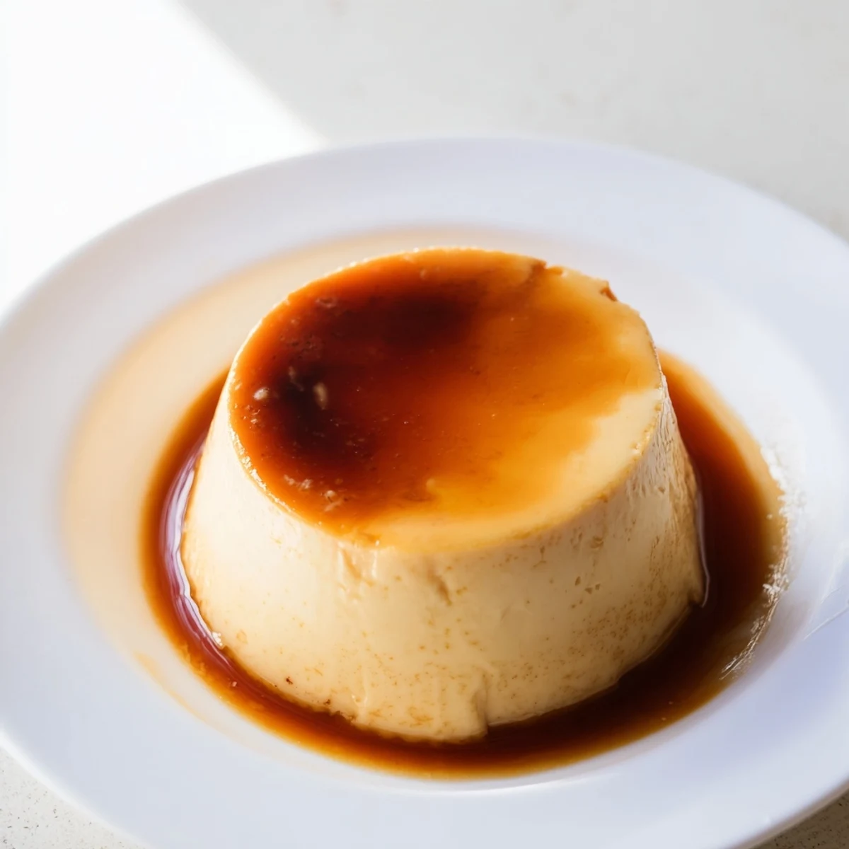 Creamy Classic Baked Milk Pudding with a golden caramelized top, served in a white ramekin on a rustic wooden table.