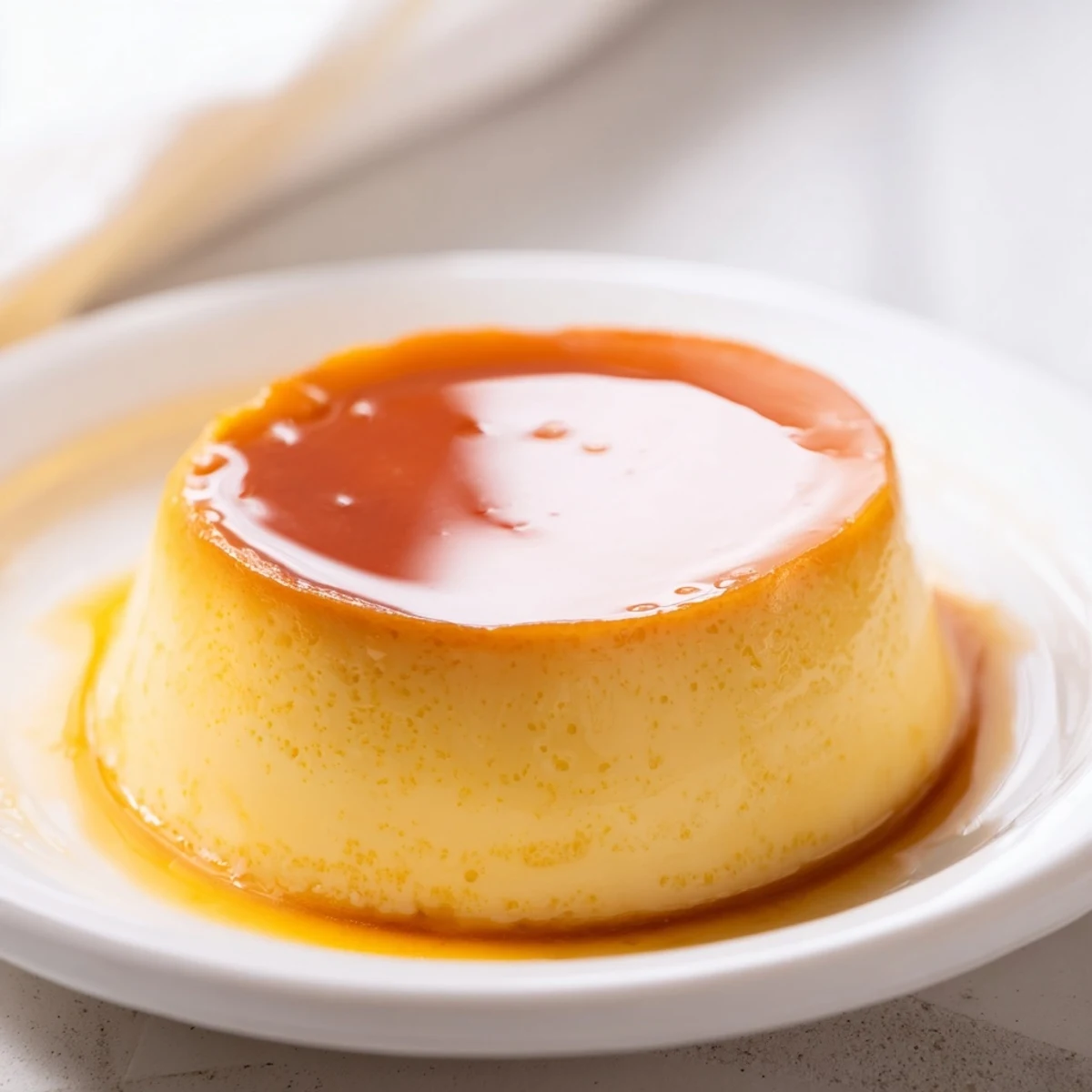 A close-up view of Classic Baked Milk Pudding revealing its silky smooth texture and delicate vanilla aroma in a ceramic dish.