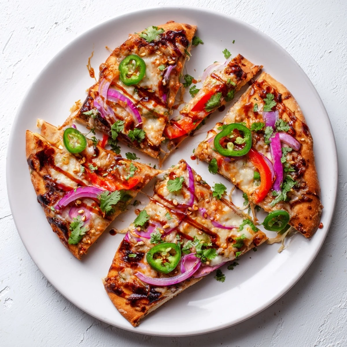 A close-up of Sweet Heat Honey Garlic Flatbread Pizza showing melted mozzarella and red onions.