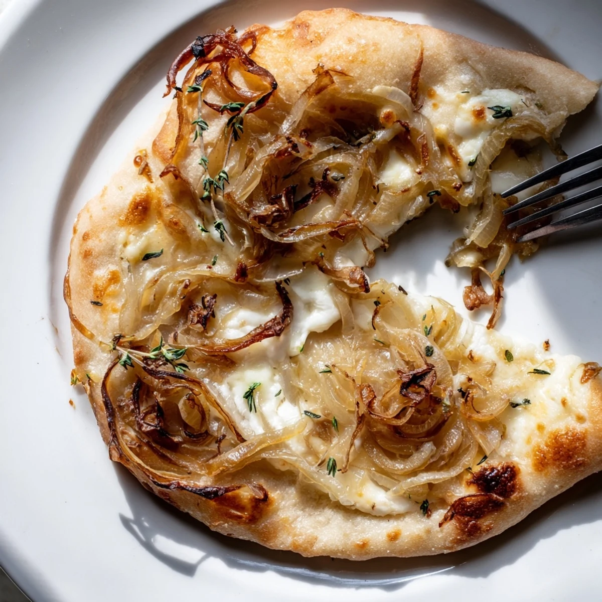 The cheesy slice of Caramelized Onion Pizza with Melty Cheese shows sweet onions and arugula garnish.