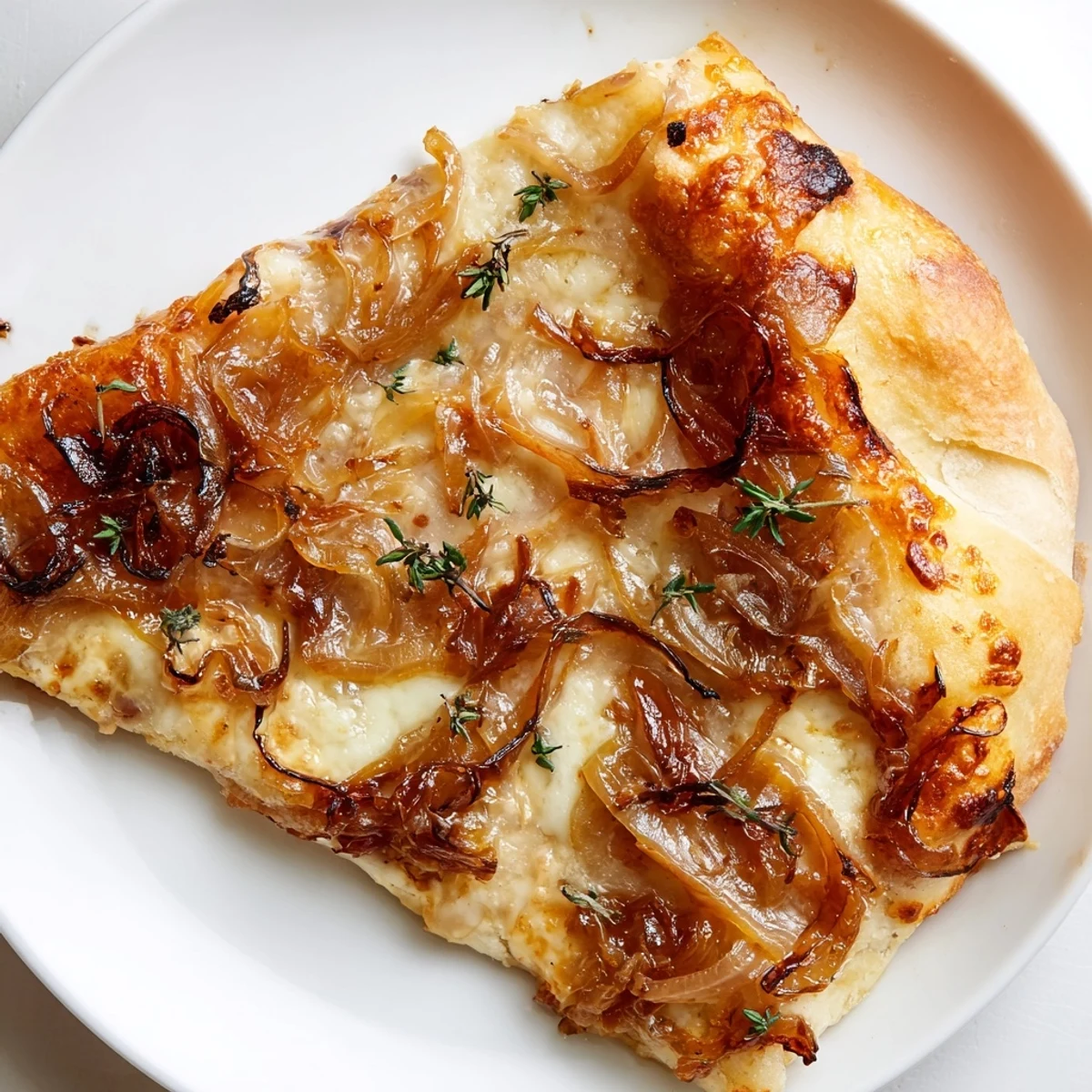 A golden-brown Caramelized Onion Pizza with Melty Cheese is fresh from the oven on a rustic cutting board.