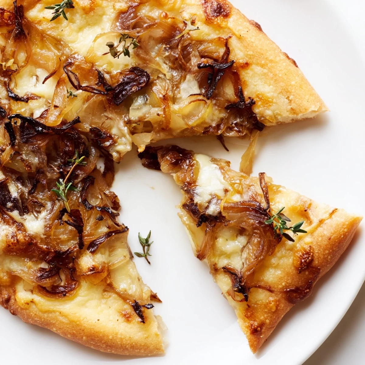 Close-up of a freshly baked Caramelized Onion Pizza with Melty Cheese highlighting golden bubbling cheese.