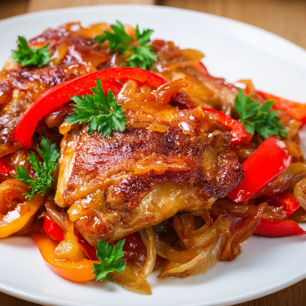 Golden-brown Braised Catalina Chicken thighs simmering in a rich, tangy-sweet sauce with sautéed onions and peppers.