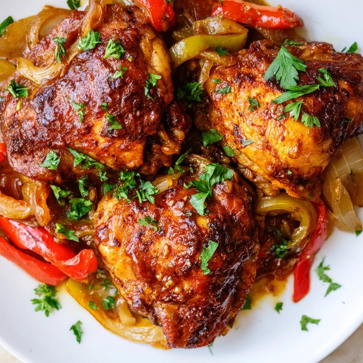 Sizzling Braised Catalina Chicken fresh from the oven, featuring tender bone-in thighs in a glossy, sweet glaze.