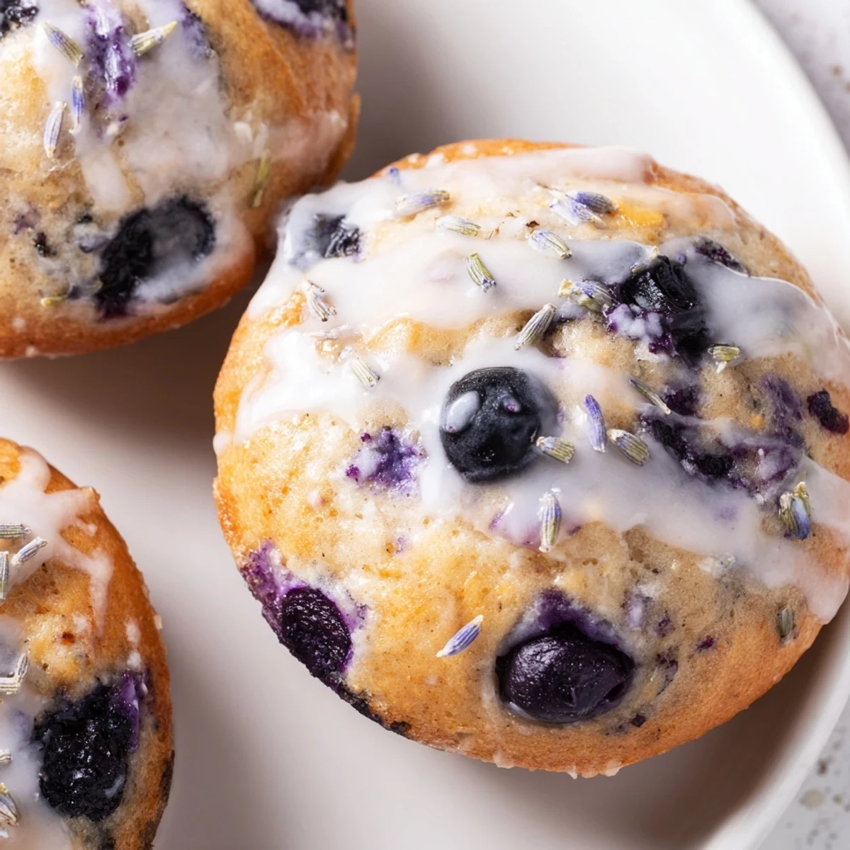 A close-up of Lavender Blueberry Tea Cakes reveals a tender crumb with a light lemon glaze drizzle.