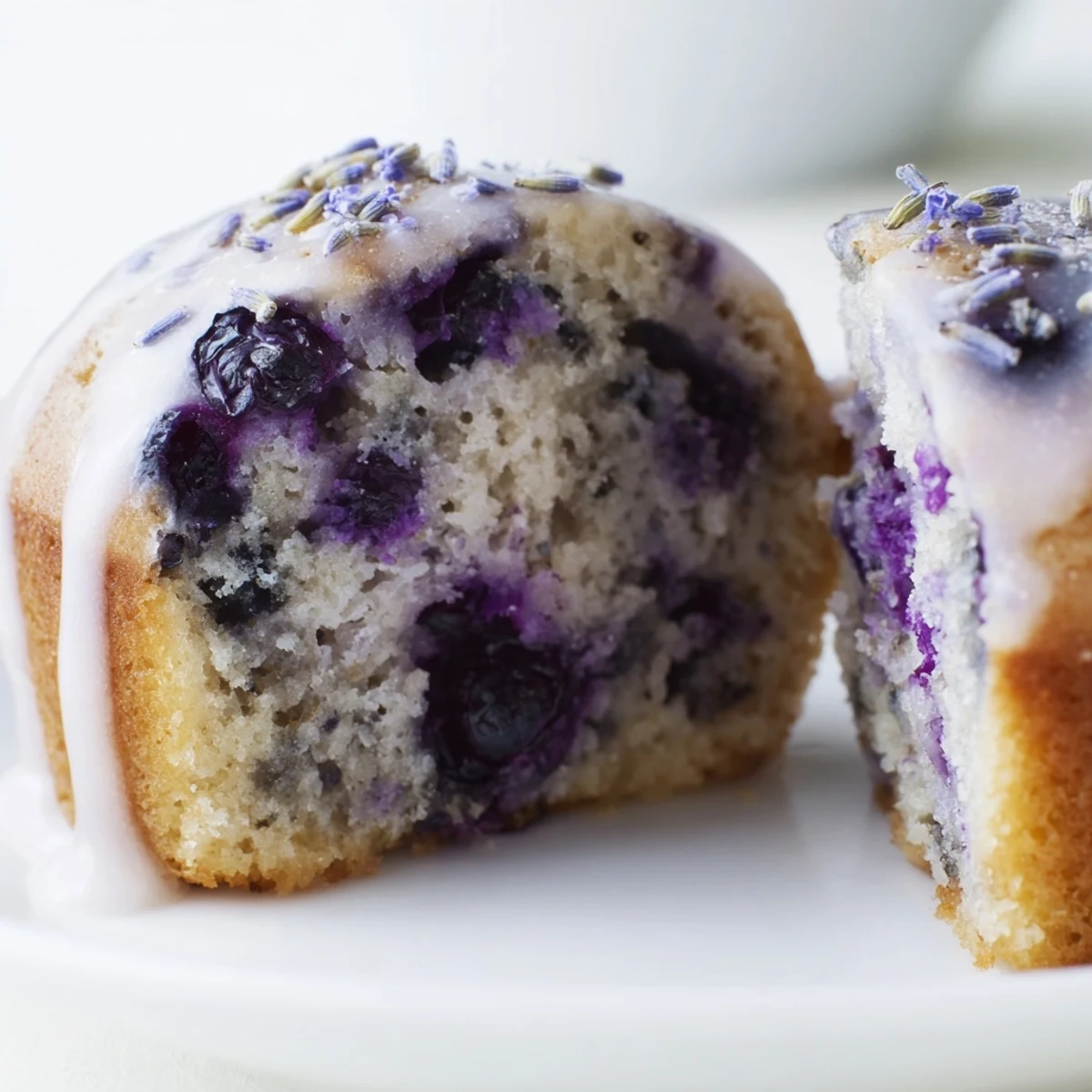Golden-brown Lavender Blueberry Tea Cakes sit on a white ceramic plate, showcasing juicy blueberries in each muffin cup.
