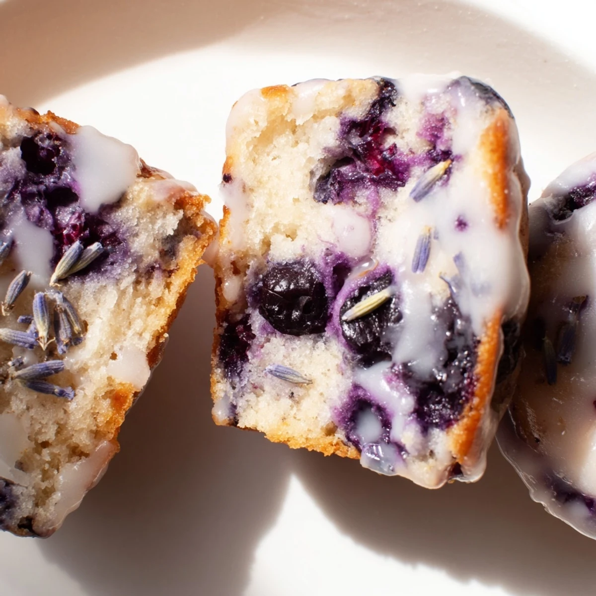 Freshly baked Lavender Blueberry Tea Cakes are arranged on a wire rack for cooling, topped with a lemony glaze.