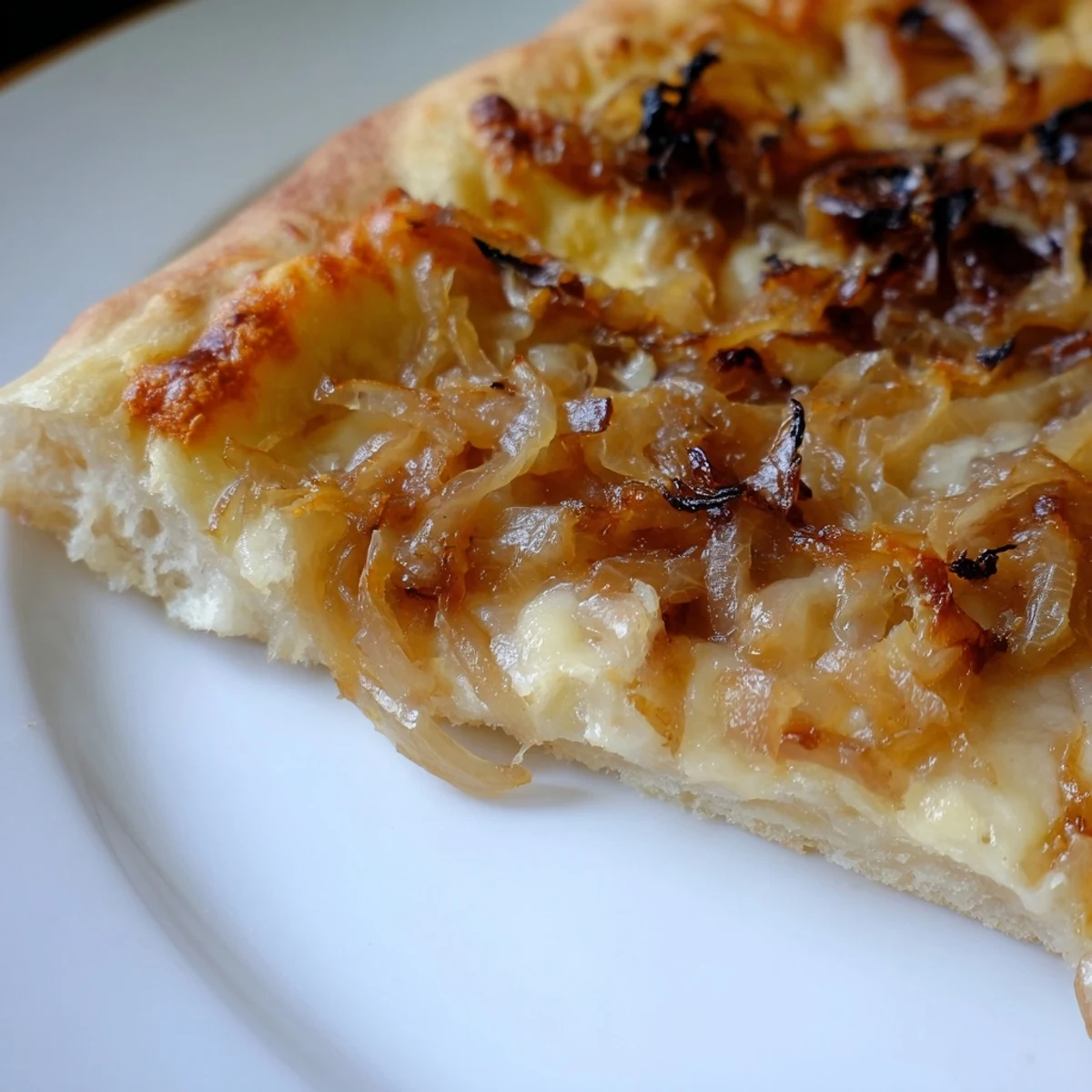 A golden slice of Caramelized Onion Pizza With Melty Cheese on a rustic wooden board with fresh thyme.  