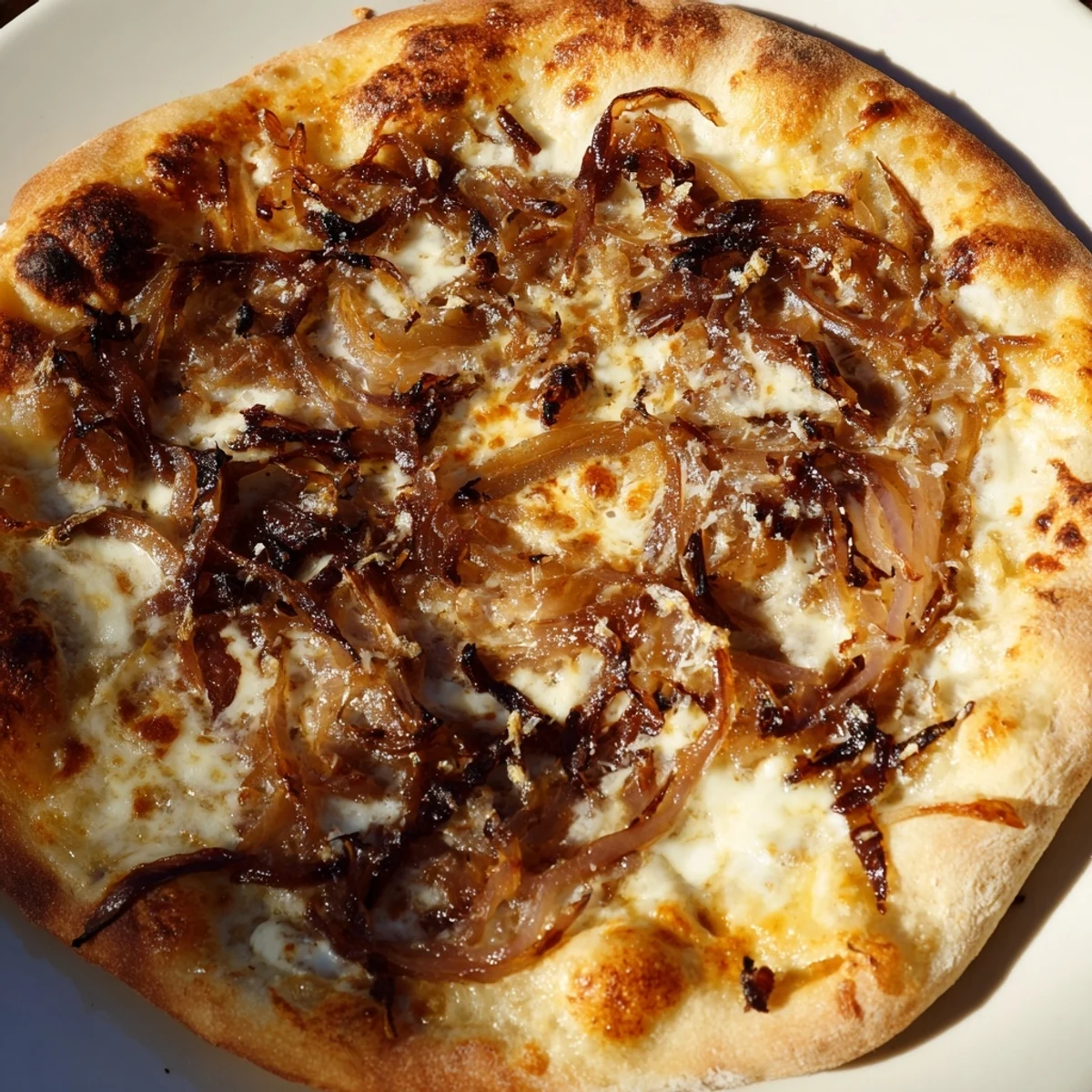 Close-up of bubbling Caramelized Onion Pizza With Melty Cheese fresh from the oven on a baking sheet.  