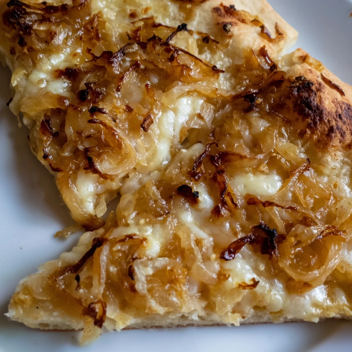 Freshly baked Caramelized Onion Pizza With Melty cheese served on a marble counter with a knife.