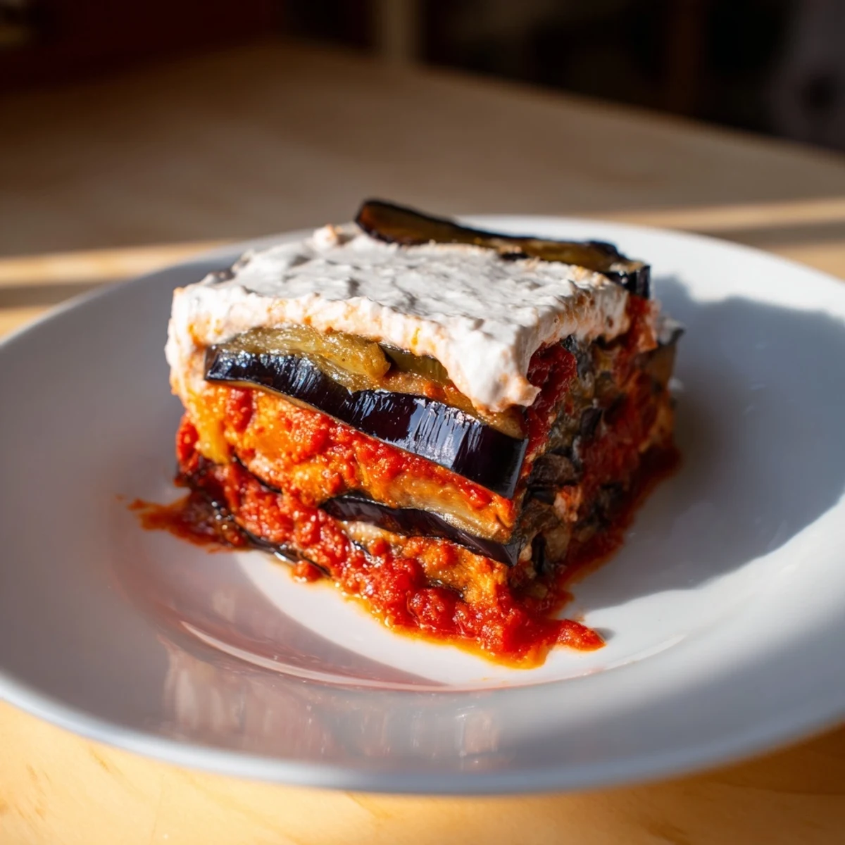 Hearty Borani Banjan served on a plate, with tender eggplant, vibrant red sauce, and a dollop of cool yogurt garnish.