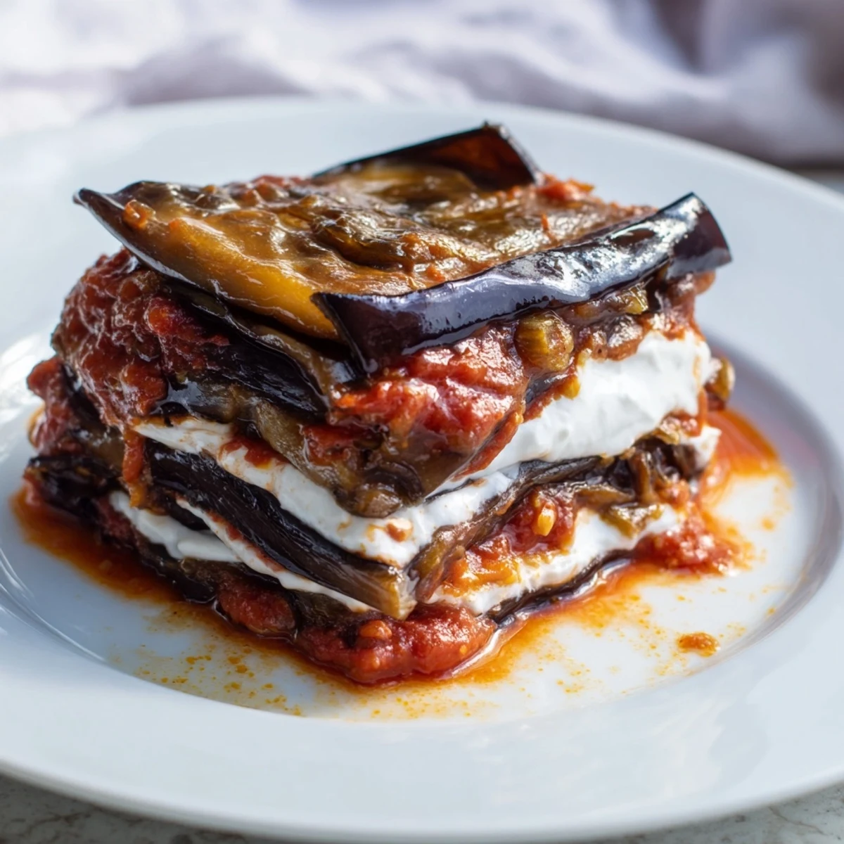 Close-up view of Borani Banjan revealing rich layers of eggplant and tomato sauce, topped with dried mint and cilantro.