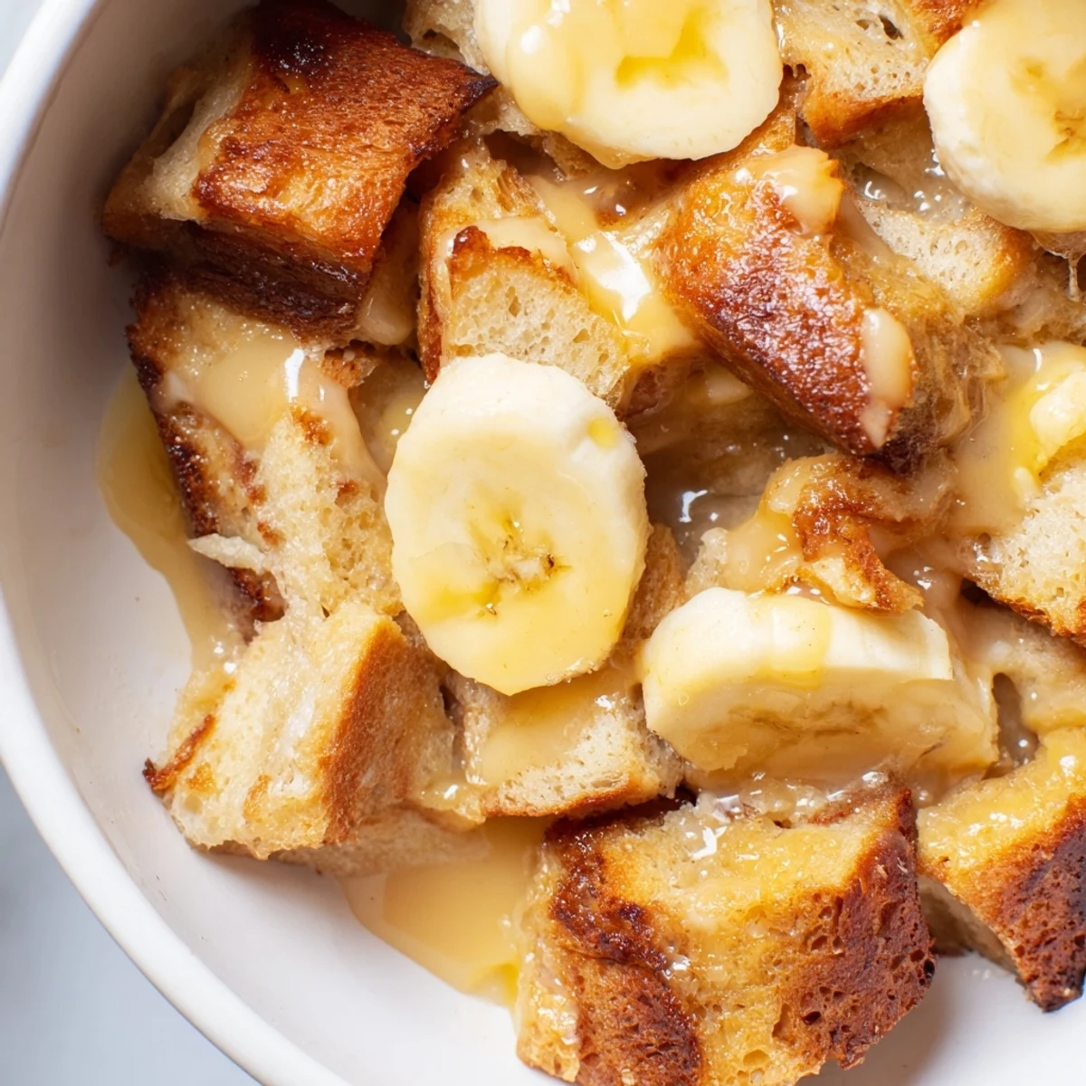 Golden slices of creamy Bananas Foster bread pudding topped with caramelized bananas and drizzled with rich rum-butter sauce in a baking dish.