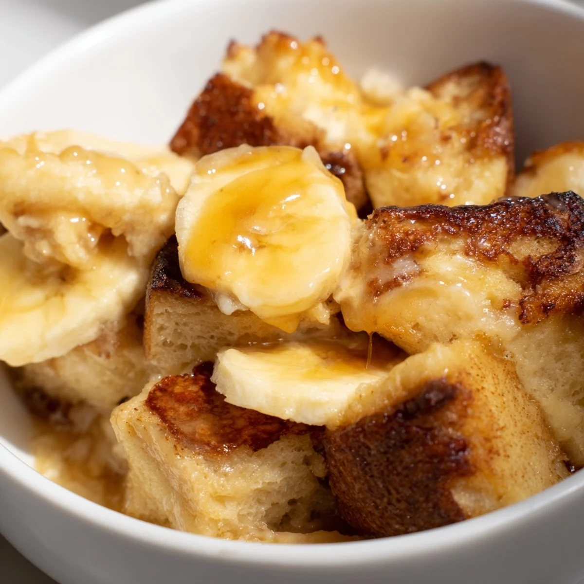 Close-up of creamy Bananas Foster bread pudding with soft custard-soaked brioche cubes and glossy caramel sauce in a skillet.