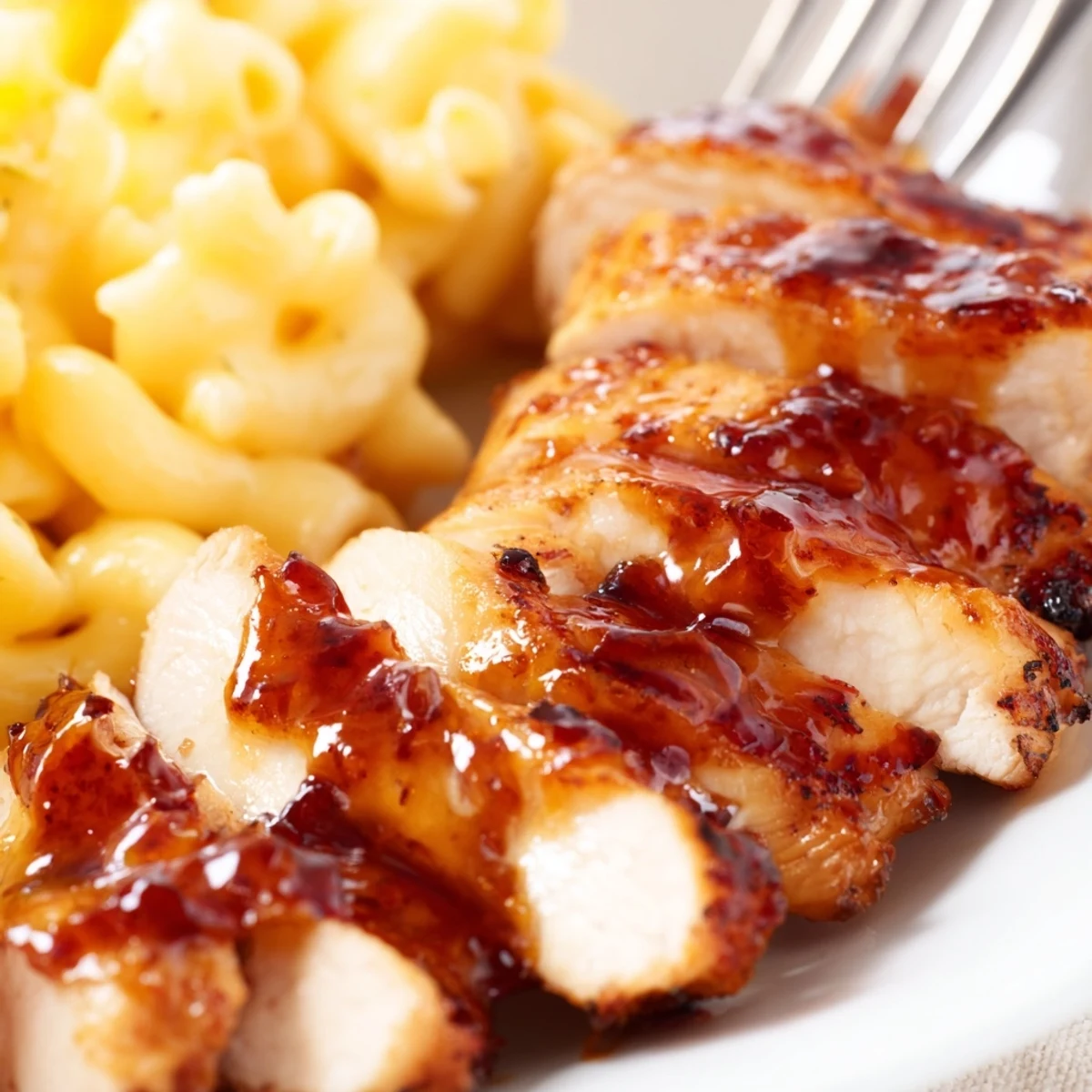 A close-up of Sweet and Spicy Honey Pepper Chicken with Creamy Mac and Cheese, showing glossy sauce on juicy chicken and rich cheddar pasta.