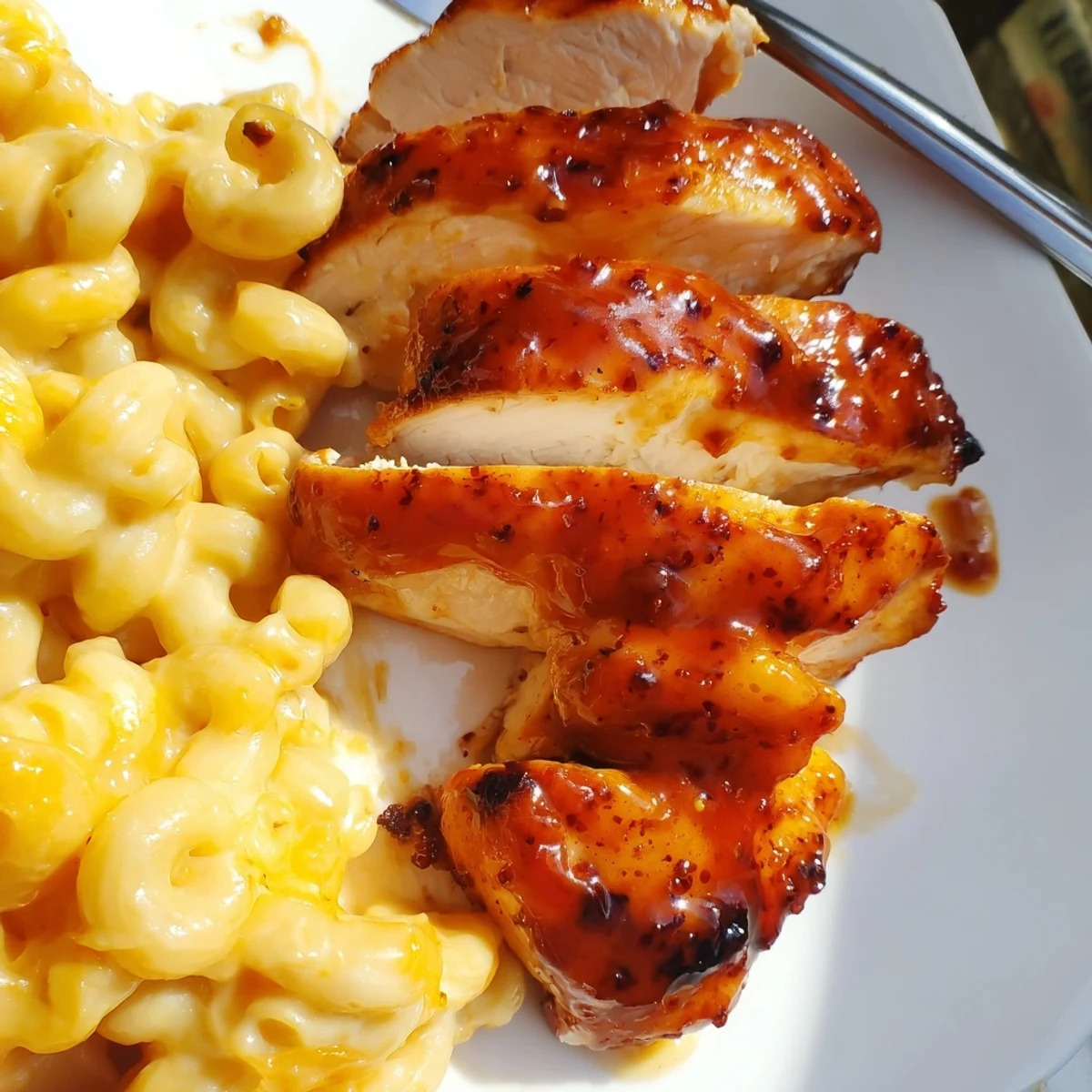 For accessibility, this photo shows the Comforting Sweet and Spicy Honey Pepper Chicken with Creamy Mac and Cheese garnished with cracked pepper.