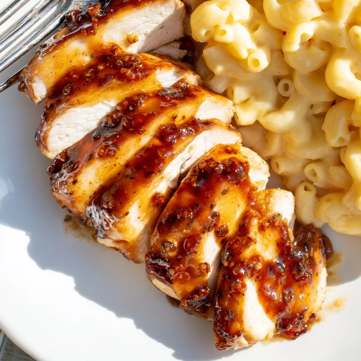 In the U.S., Sweet and Spicy Honey Pepper Chicken with Creamy Mac and Cheese is plated family-style with steamed broccoli for a balanced dinner.