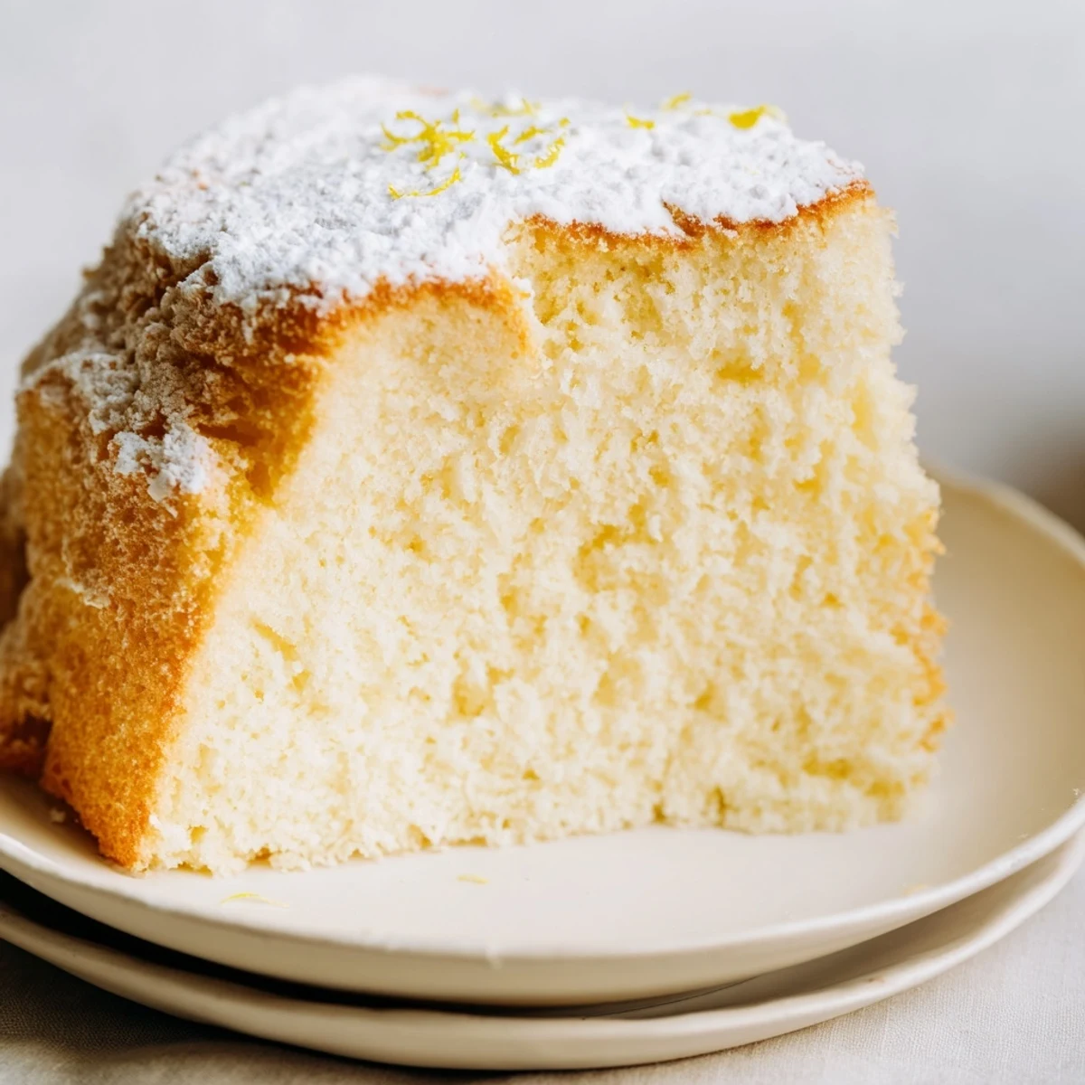 A fluffy yogurt cloud cake dusted with powdered sugar and fresh berries on a white plate.